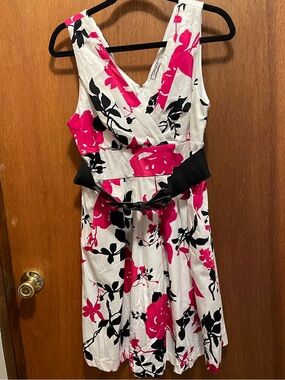 Fuchsia Floral Fit-and-Flare Dress with Black Waist Detail